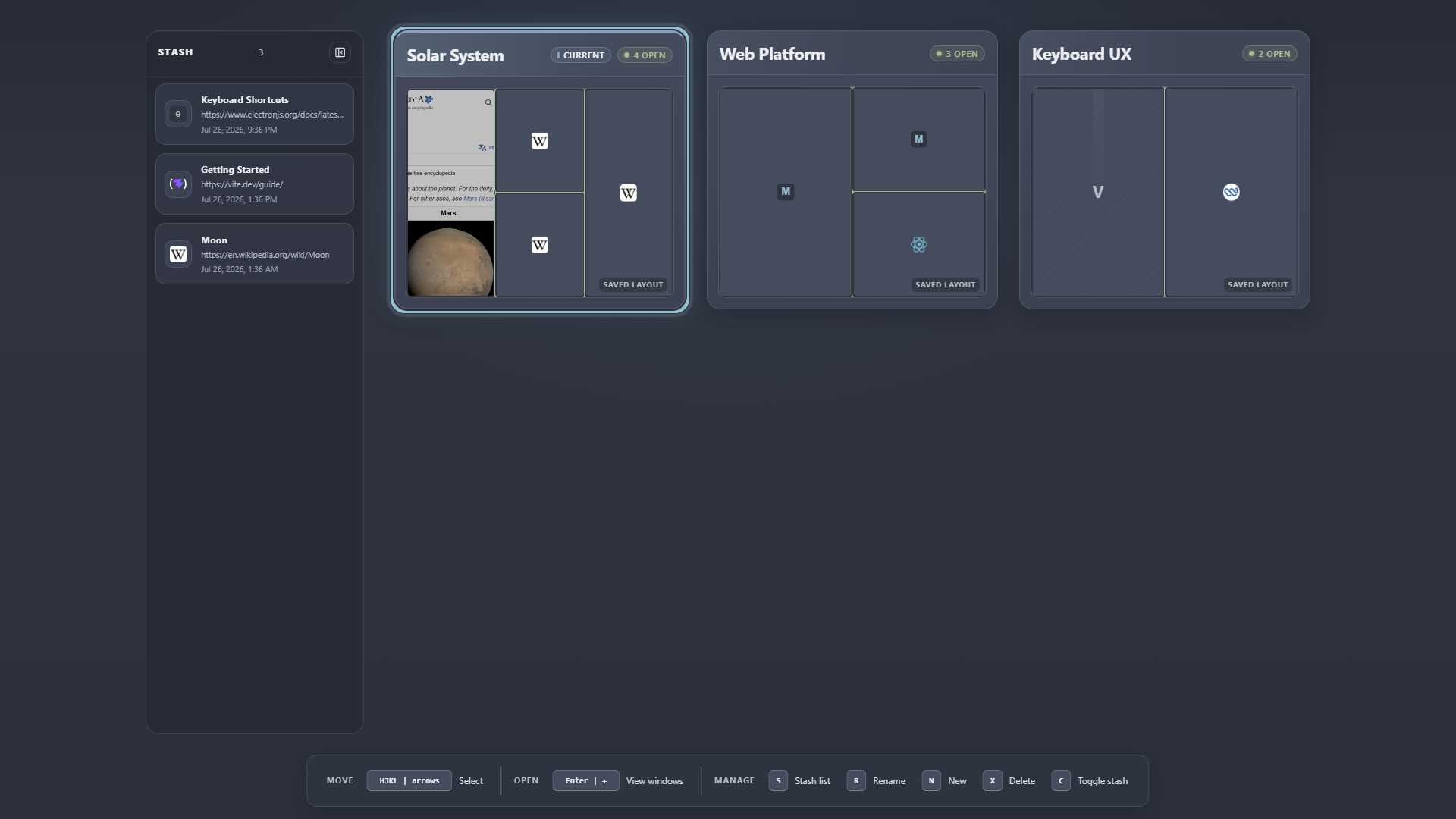 Glub Browser showing populated Workspaces and stashed pages